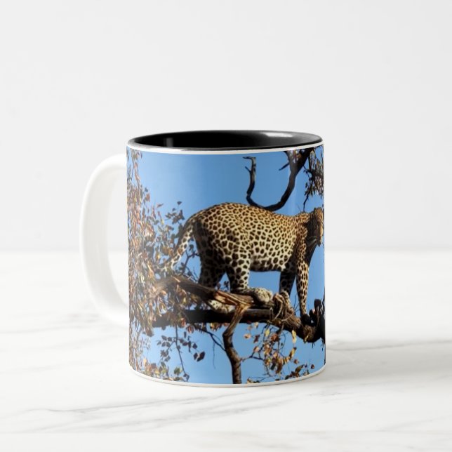 Leopard in a Tree in Africa Two-Tone Coffee Mug (Front Left)