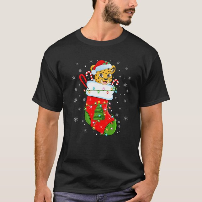 Leopard In Christmas Socks Santa Claus Lights Xmas T-Shirt (Front)