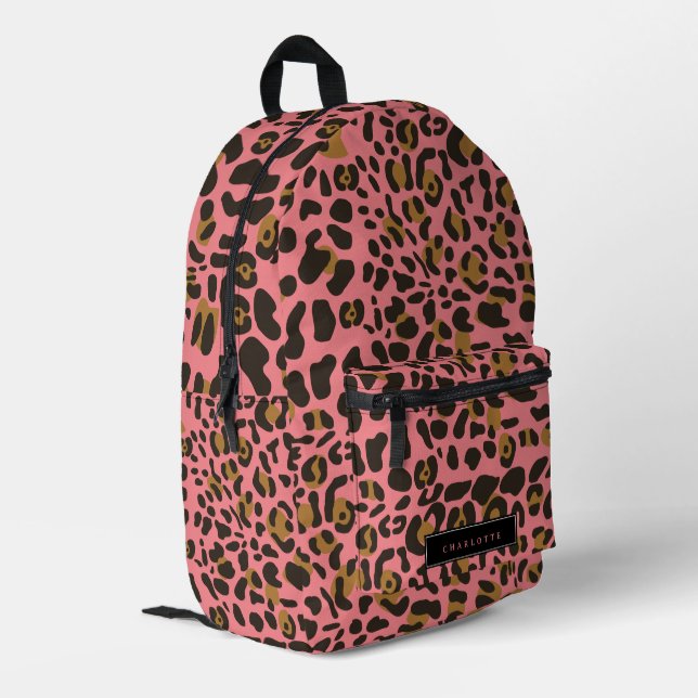 Leopard Jaguar Animal Print Pink Monogrammed Name Printed Backpack (Back Corner Left)