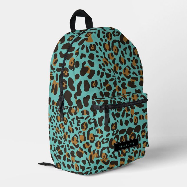 Leopard Jaguar Animal Print Turquoise Custom Name Printed Backpack (Back Corner Left)