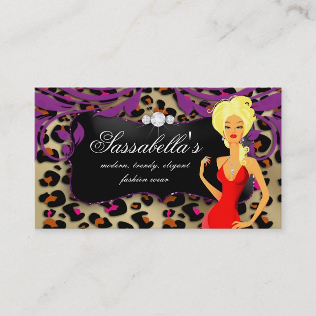 Leopard Jewellery Business Card Purple Swirls (Front)