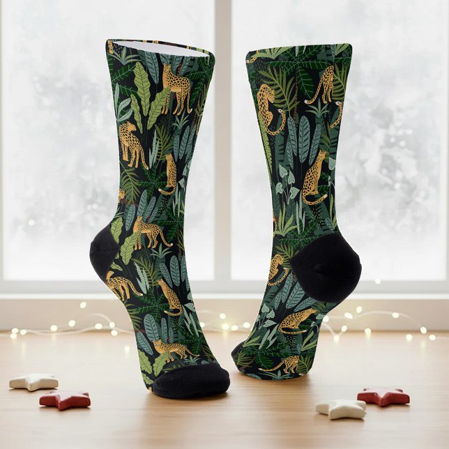 Leopard Jungle Forest Illustration Seamless Custom Socks (Creator Uploaded)