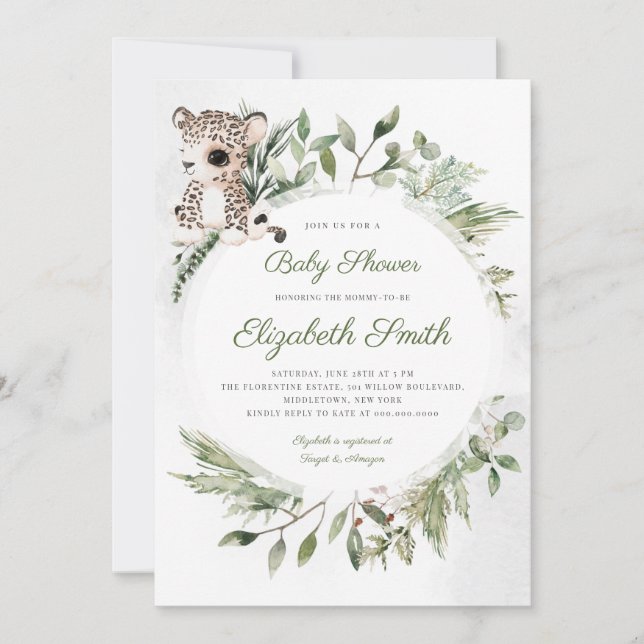 Leopard Jungle Safari Greenery Baby Shower Invitation (Front)