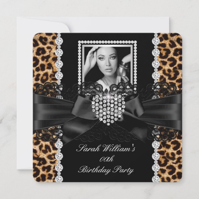 Leopard Lace Diamond Heart Photo Birthday Party 2 Invitation (Front)