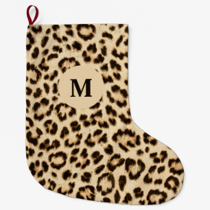 Leopard Leather Print Pattern Monogram Large Christmas Stocking