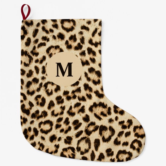 Leopard Leather Print Pattern Monogram Large Christmas Stocking (Front)