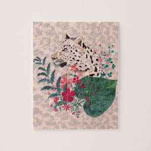 Leopard, leopard muzzle, floral , Botanical Jigsaw Puzzle