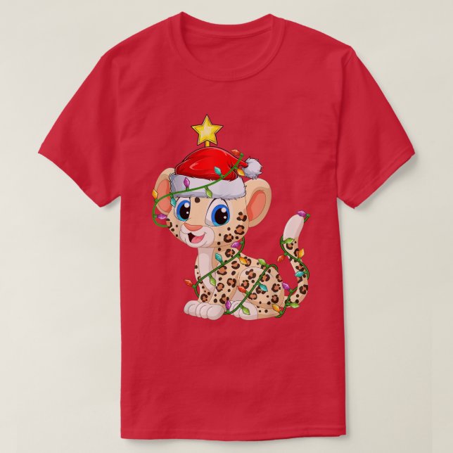 Leopard Lighting Xmas Tree Matching Leopard Christ T-Shirt (Design Front)