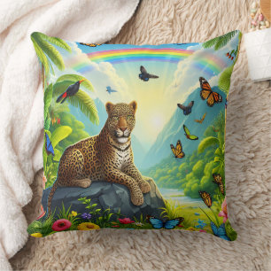 Leopard Majesty: Colourful Jungle Foliage Cushion