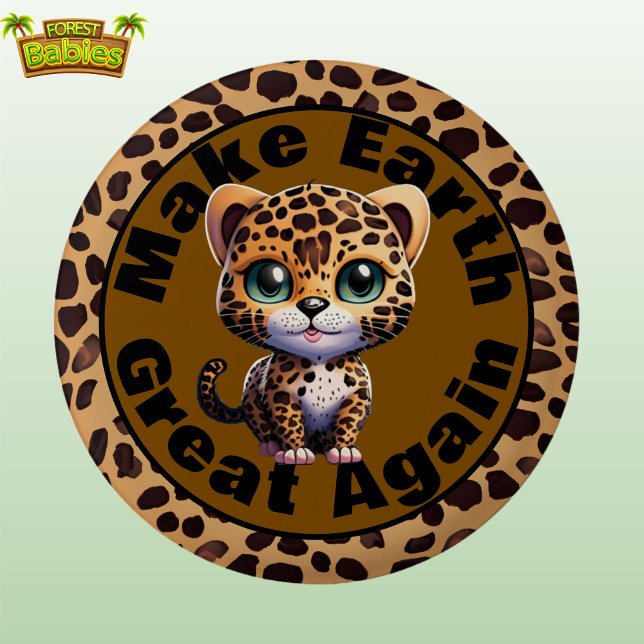 Leopard, Make Earth Great Again Cute Environmental 3 Cm Round Badge (Cute Leopard print kitty, Make Earth Great Again, Spotted Cat Cartoon Graphic Environmental Button)