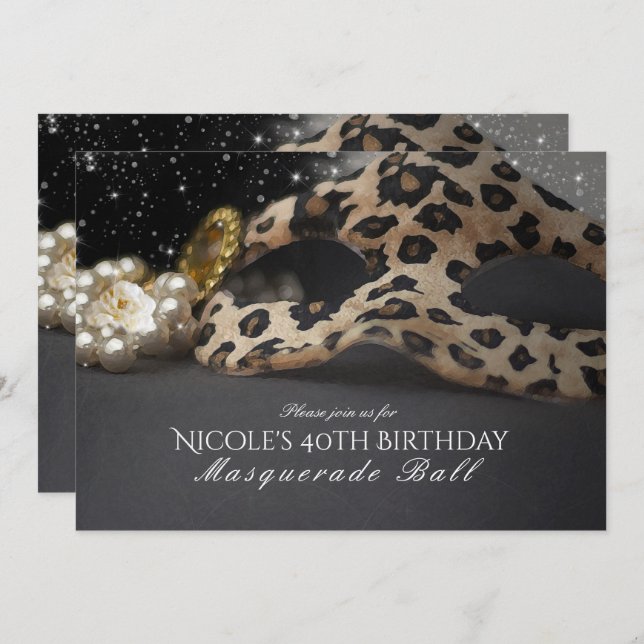 Leopard Masquerade Mask & Pearls Party Invitations (Front/Back)