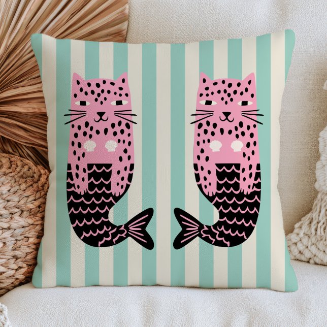 Leopard Mermaids on Stripe Pattern Quirky Nautical Cushion (Creator Uploaded)