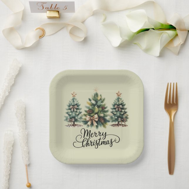 Leopard Merry Christmas Tree Coquette Bow Xmas Paper Plate (Wedding)