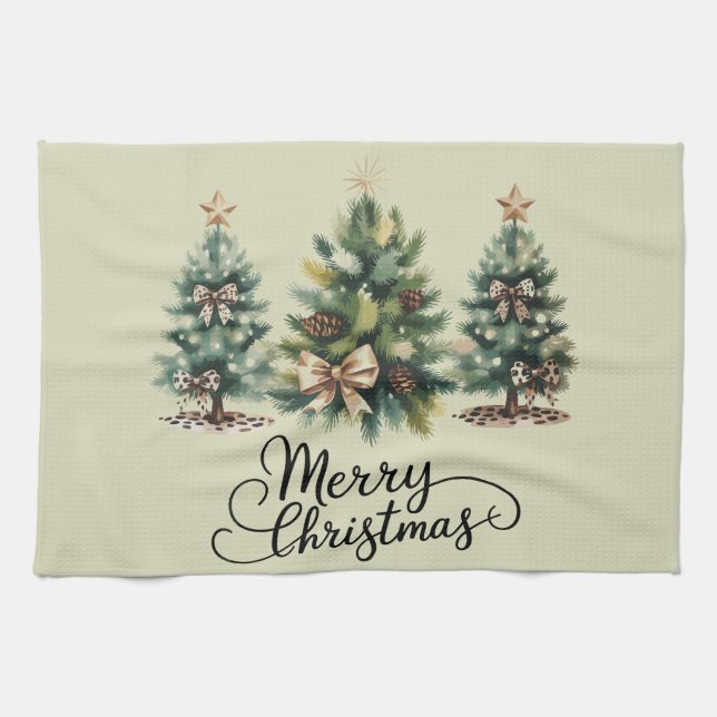 Leopard Merry Christmas Tree Coquette Bow Xmas Tea Towel (Horizontal)