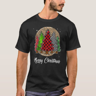 Leopard Merry Christmas Tree Red Green Plaid Pines T-Shirt