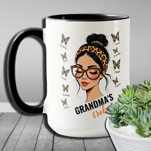 Leopard Messy Bun and Butterflies Custom Names Mug