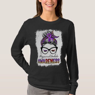 Leopard Messy Bun Migraine Headache Awareness Purp T-Shirt