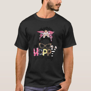 Leopard Messy Bun One Hoppy Lunch Lady Happy Easte T-Shirt