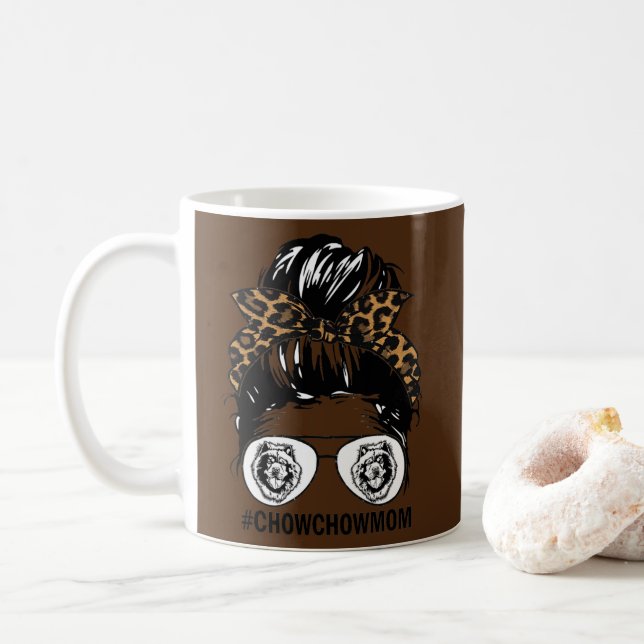 Leopard Messy Hair Bun Chow Chow Mom For Women  Coffee Mug (With Donut)