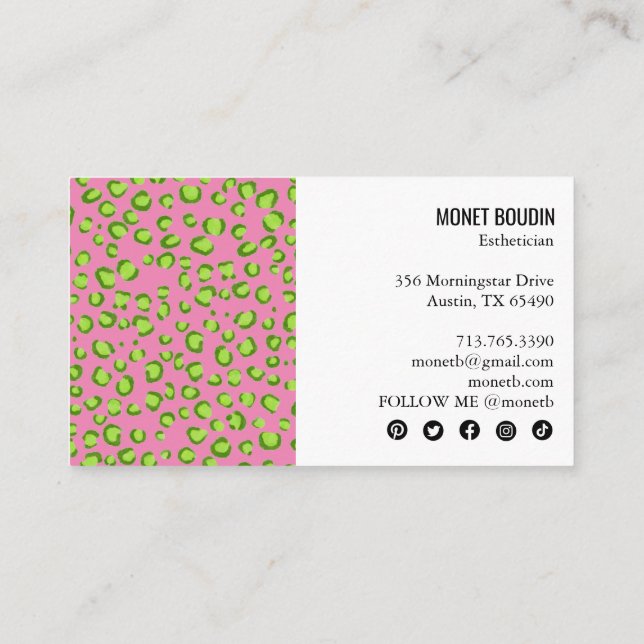 Leopard Modern Colourful Animal Print Social Icons Business Card (Back)