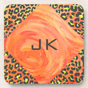 Leopard Monogram Orange and Yellow Print Coaster