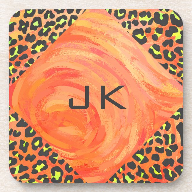 Leopard Monogram Orange and Yellow Print Coaster (Front)
