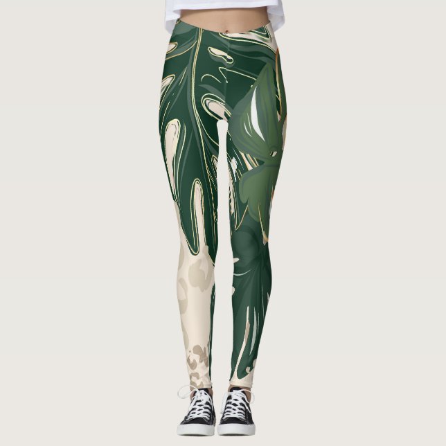 Leopard Monstera: Jungle Print Vintage. Leggings (Front)