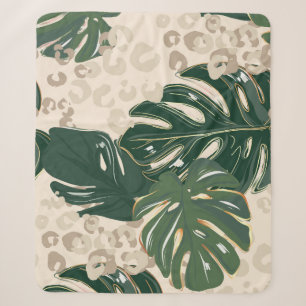 Leopard Monstera: Jungle Print Vintage. Sherpa Blanket