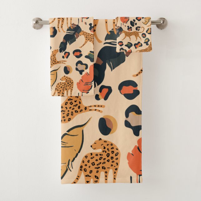 Leopard Nature Botanical Animal Print Pattern Bath Towel Set (Insitu)