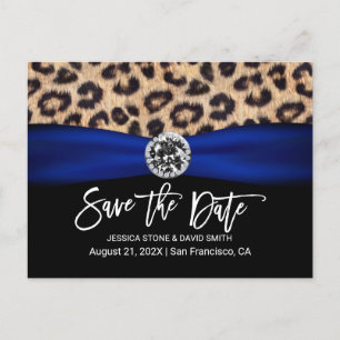 Leopard Navy Blue Ribbon Luxury Wedding Announcement Postcard
