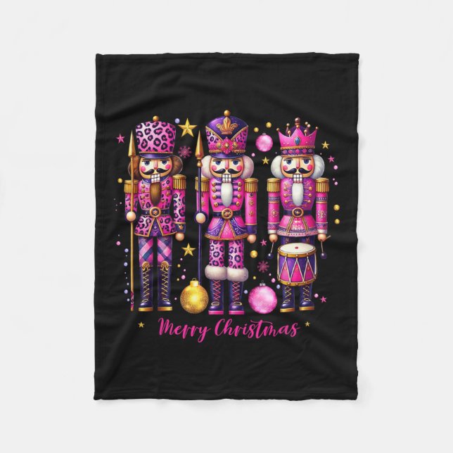 Leopard Nutcracker Pink Christmas 2024 Xmas Pajama Fleece Blanket (Front)