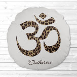 Leopard Om Symbol Meditation Yoga Round Pillow<br><div class="desc">A leopard print Om symbol, personalized round pillow dedicated for meditation and yoga. Perfect for sitting or placing behind your back in a comfortable chair. Change the name using the Template provided. The background and back are a platinum color. Dimensions are 16" diameter when flat and 14" stuffed. 100% brushed...</div>