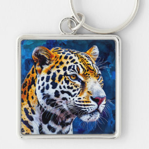 Leopard on blue background key ring