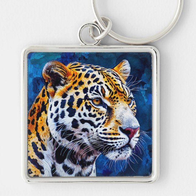 Leopard on blue background key ring (Front)