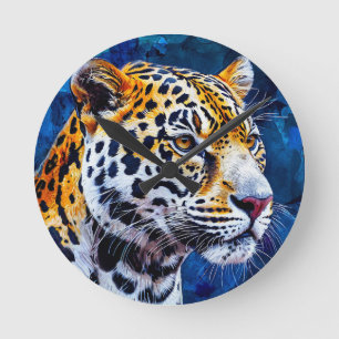 Leopard on blue background round clock