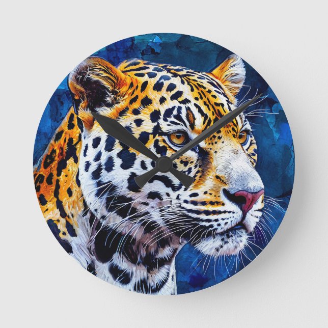 Leopard on blue background round clock (Front)