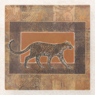 Leopard on Orange and Brown Background Glass Coaster