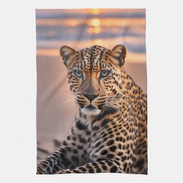 Leopard on the beach tea towel (Vertical)