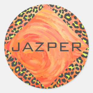 Leopard Orange and Yellow Monogram Classic Round Sticker