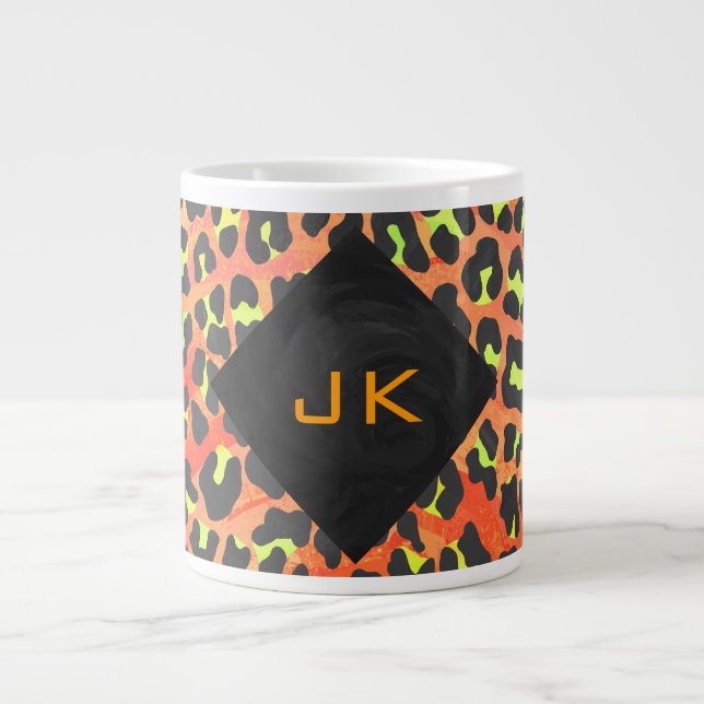 Leopard Orange and Yellow Monogram Large Coffee Mug (Front)