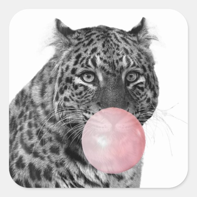 Leopard Panther Cat Bubble Gum Black Pink White Square Sticker (Front)