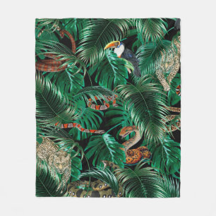 leopard, parrots and snakes in the dark forest. fleece blanket