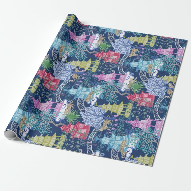 Leopard Party in the Pagoda Forest Dark Wrapping Paper (Unrolled)
