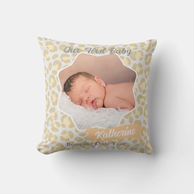 Leopard Pastel Grey Sage Yellow Baby Photo Cushion (Front)