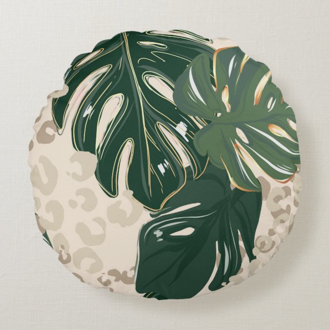 Leopard pattern, animal print seamless design gree round cushion (Front)