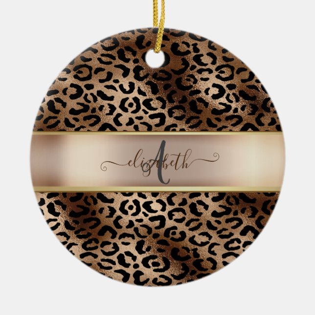 Leopard Pattern Black Bronze Monogram   Ceramic Tree Decoration (Front)
