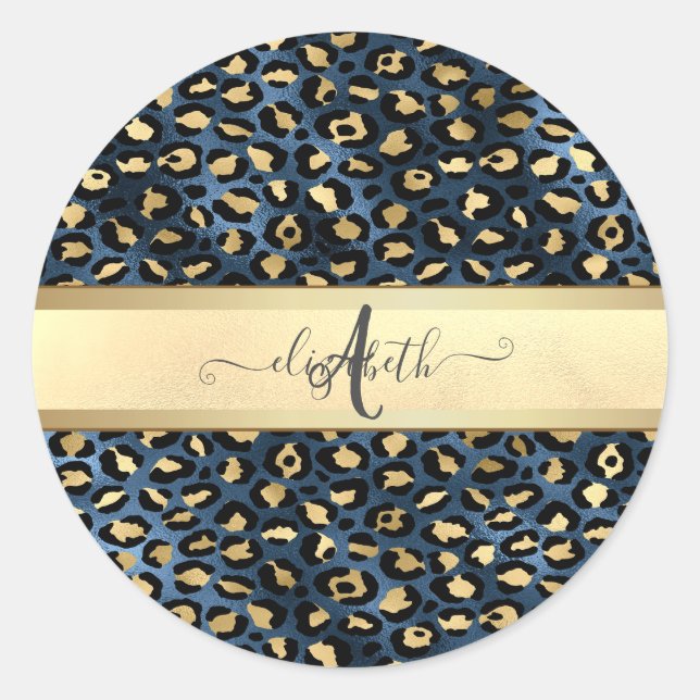 Leopard Pattern Black Bronze Monogram    Classic Round Sticker (Front)
