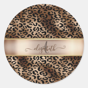 Leopard Pattern Black Bronze Monogram Classic Round Sticker