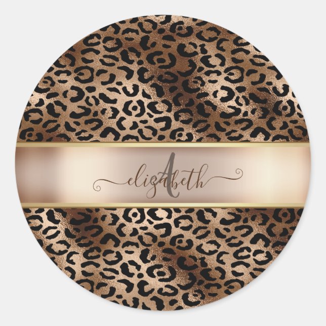 Leopard Pattern Black Bronze Monogram Classic Round Sticker (Front)