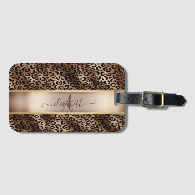 Leopard Pattern Black Bronze Monogram Luggage Tag (Front Horizontal)